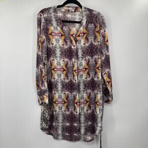 Chelsea & Violet Peacock Print Satin Belted Shirt Dress Arsty Festival Medium